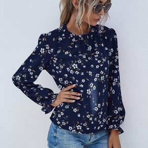 Boho Navy Blue Floral Minimalist Cottage Core Top